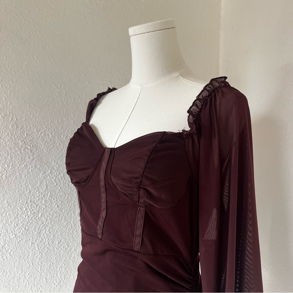Almost Famous Brown Mesh-Sleeve Ruched Bodycon Dress NWT - Picture 4 of 6